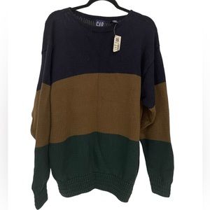 Gap Blue Brown Green Stripped Knit 100% Cotton Sweater M Med Fits Large Y2K